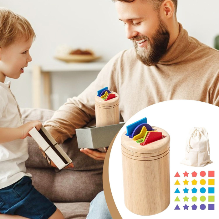Jucarie Educativa Montessori din Lemn, 28 Piese, Sortator cu Forme Geometrice, Joc de Motricitate Fina pentru Copii, Varsta 2+ ani, Saculet Depozitare, 11.3 x 7 cm, Multicolor [5]