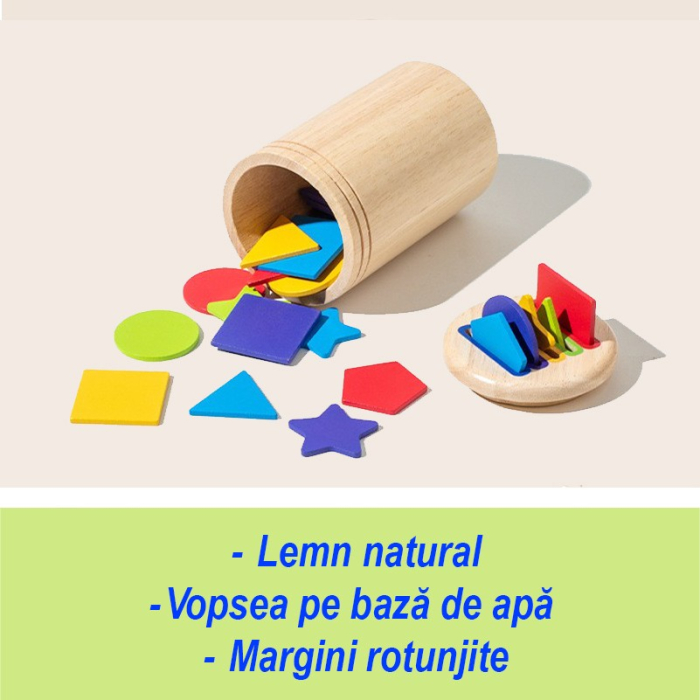 Jucarie Educativa Montessori din Lemn, 28 Piese, Sortator cu Forme Geometrice, Joc de Motricitate Fina pentru Copii, Varsta 2+ ani, Saculet Depozitare, 11.3 x 7 cm, Multicolor [3]