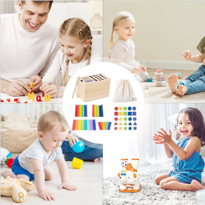 Jucarie Educativa Montessori din Lemn, Cutie Sortare Forme, Culori si Betisoare, Joc de Insirare, 56 piese, Dezvoltare Motricitate Fina, Copii 3+ ani, Multicolor [8]