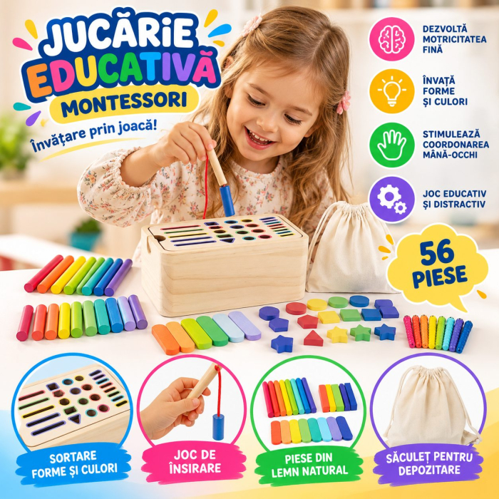 Jucarie Educativa Montessori din Lemn, Cutie Sortare Forme, Culori si Betisoare, Joc de Insirare, 56 piese, Dezvoltare Motricitate Fina, Copii 3+ ani, Multicolor [2]