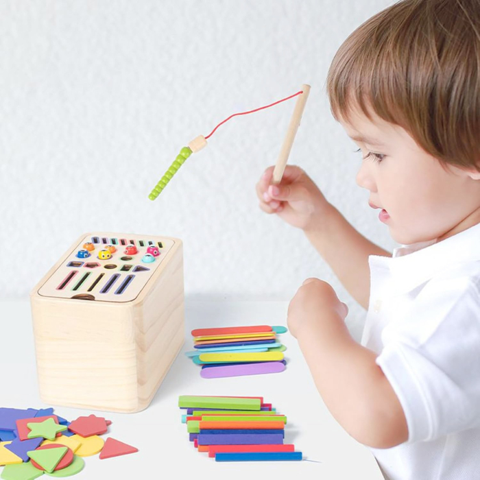 Jucarie Educativa Montessori din Lemn, Cutie Sortare Forme, Culori si Betisoare, Joc de Insirare, 56 piese, Dezvoltare Motricitate Fina, Copii 3+ ani, Multicolor [7]