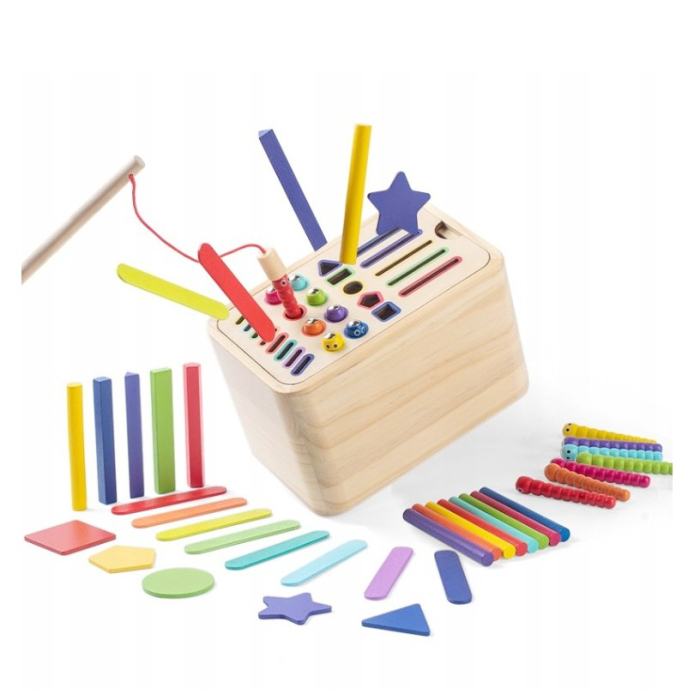 Jucarie Educativa Montessori din Lemn, Cutie Sortare Forme, Culori si Betisoare, Joc de Insirare, 56 piese, Dezvoltare Motricitate Fina, Copii 3+ ani, Multicolor [4]