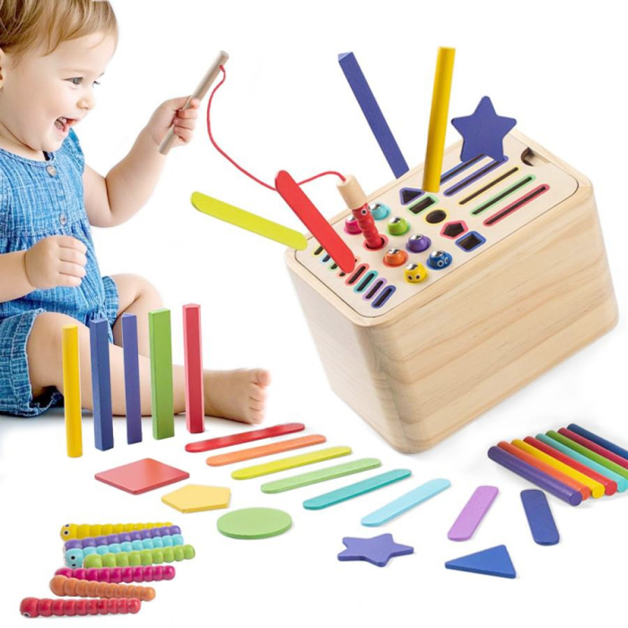Jucarie Educativa Montessori din Lemn, Cutie Sortare Forme, Culori si Betisoare, Joc de Insirare, 56 piese, Dezvoltare Motricitate Fina, Copii 3+ ani, Multicolor [6]