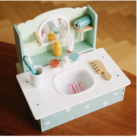 Jucarie Educativa Montessori din Lemn, Masuta de Toaleta si Lavoar Interactiv pentru Copii, Set de Joaca cu Accesorii de Baie si Ingrijire, 2 kg, 3 ani+, Multicolor [2]