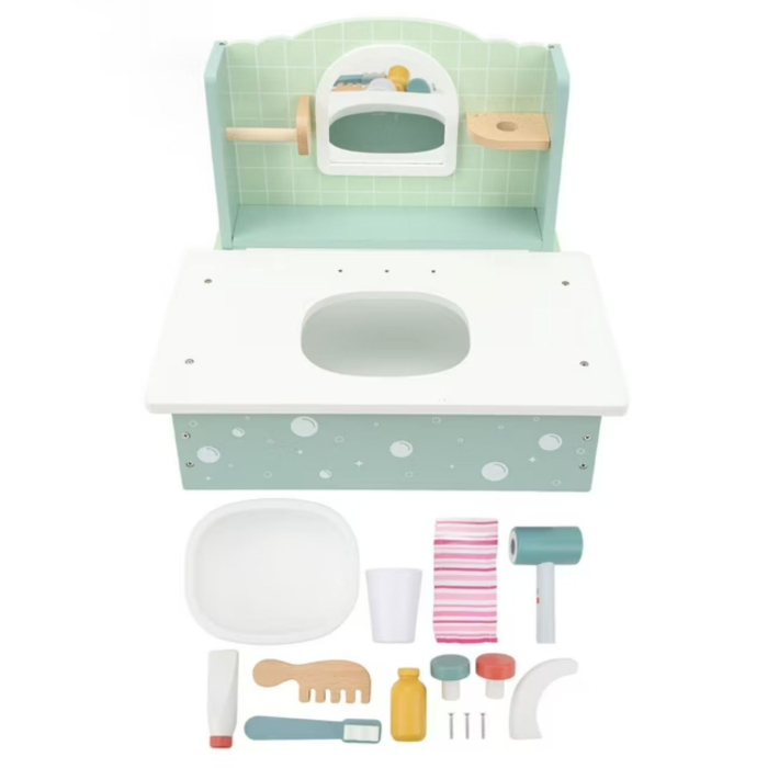 Jucarie Educativa Montessori din Lemn, Masuta de Toaleta si Lavoar Interactiv pentru Copii, Set de Joaca cu Accesorii de Baie si Ingrijire, 2 kg, 3 ani+, Multicolor [5]