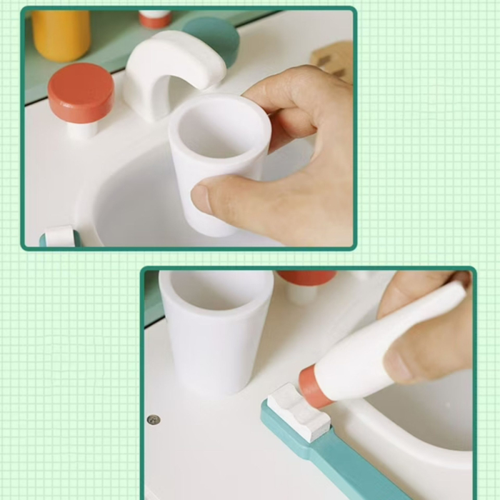 Jucarie Educativa Montessori din Lemn, Masuta de Toaleta si Lavoar Interactiv pentru Copii, Set de Joaca cu Accesorii de Baie si Ingrijire, 2 kg, 3 ani+, Multicolor [6]