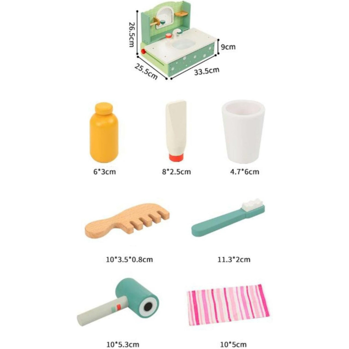 Jucarie Educativa Montessori din Lemn, Masuta de Toaleta si Lavoar Interactiv pentru Copii, Set de Joaca cu Accesorii de Baie si Ingrijire, 2 kg, 3 ani+, Multicolor [4]