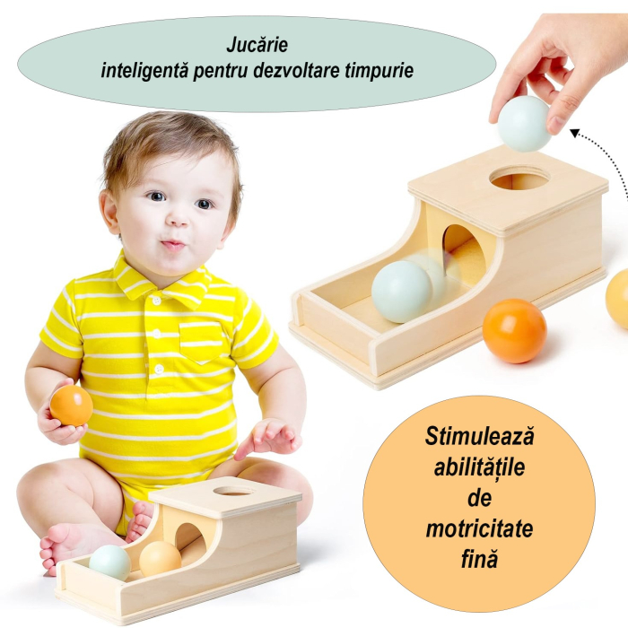 Jucarie Educativa Montessori din Lemn, Model Pista cu Bile si Tunel, 4 piese, Joc pentru Motricitate si Coordonare, Copii 12+ luni, 24 x 12 x 8.5 cm, Multicolor [3]