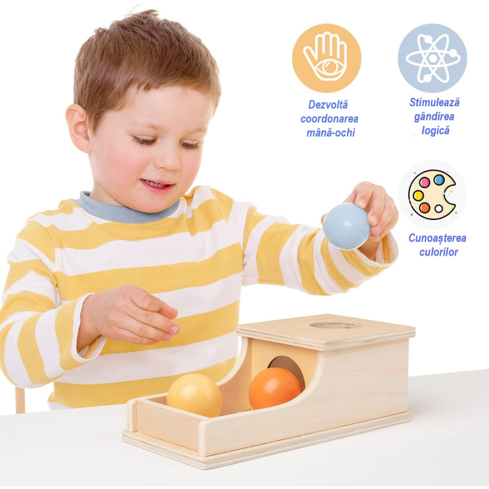 Jucarie Educativa Montessori din Lemn, Model Pista cu Bile si Tunel, 4 piese, Joc pentru Motricitate si Coordonare, Copii 12+ luni, 24 x 12 x 8.5 cm, Multicolor [4]