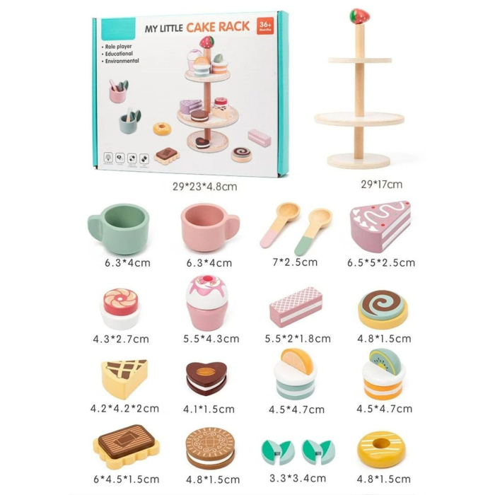 Jucarie Educativa Montessori din Lemn, Set de Joaca Interactiv, Model Etajera cu 3 Niveluri pentru Deserturi si Prajituri, Dezvolta Motricitatea si Imaginatia, 3ani+, Multicolor [6]