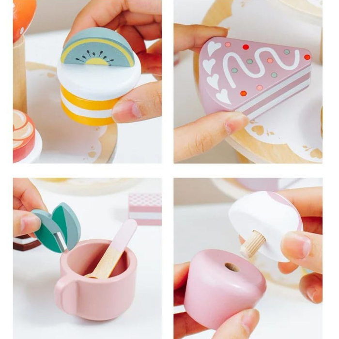 Jucarie Educativa Montessori din Lemn, Set de Joaca Interactiv, Model Etajera cu 3 Niveluri pentru Deserturi si Prajituri, Dezvolta Motricitatea si Imaginatia, 3ani+, Multicolor [5]