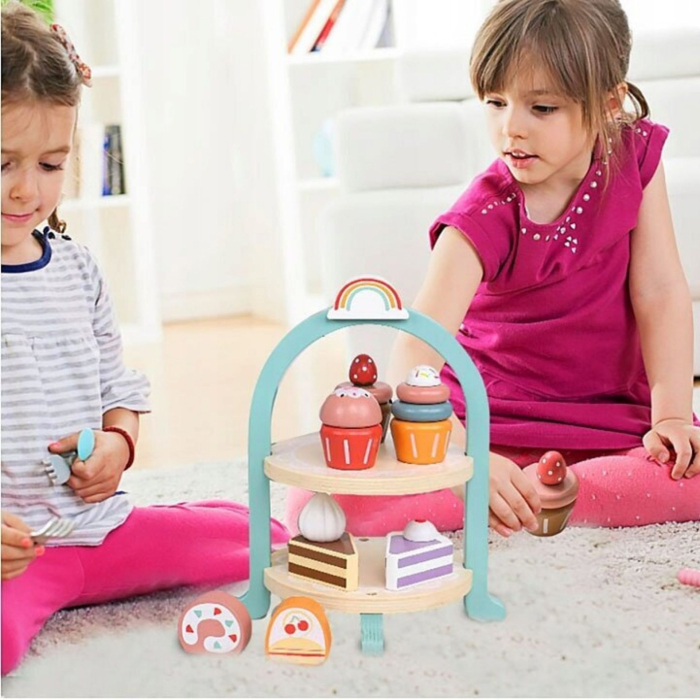 Jucarie Educativa Montessori din Lemn, Set de Joaca Interactiv, Model Royal Afternoon Tea cu Etajera 2 Niveluri si Prajituri, Dezvolta Motricitatea si Imaginatia, 3ani+, Multicolor [6]