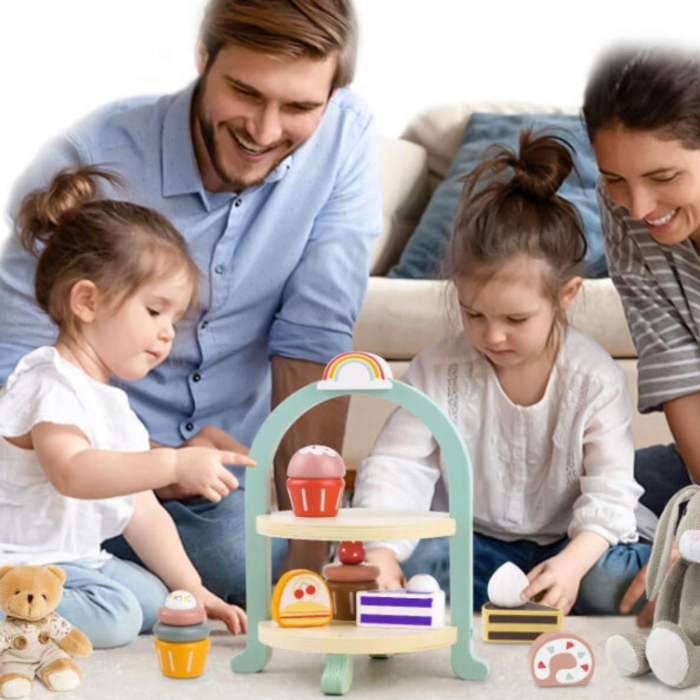 Jucarie Educativa Montessori din Lemn, Set de Joaca Interactiv, Model Royal Afternoon Tea cu Etajera 2 Niveluri si Prajituri, Dezvolta Motricitatea si Imaginatia, 3ani+, Multicolor [7]