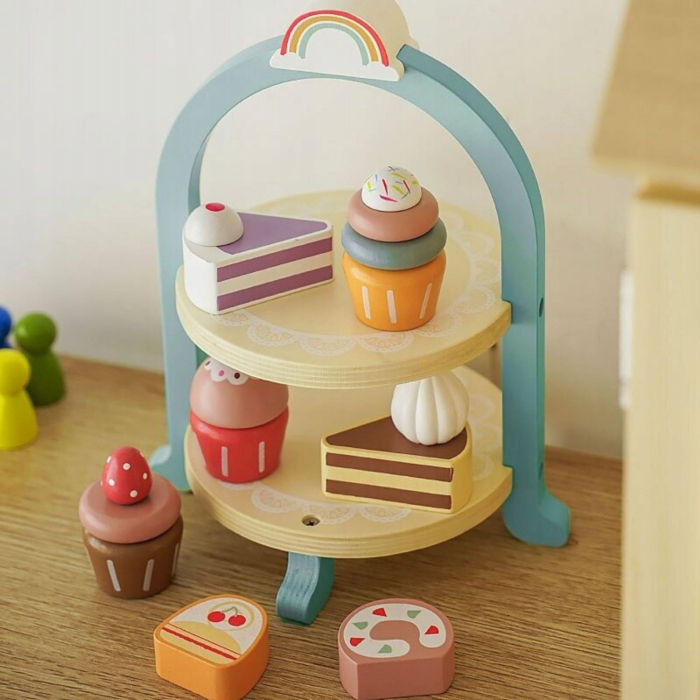 Jucarie Educativa Montessori din Lemn, Set de Joaca Interactiv, Model Royal Afternoon Tea cu Etajera 2 Niveluri si Prajituri, Dezvolta Motricitatea si Imaginatia, 3ani+, Multicolor [4]