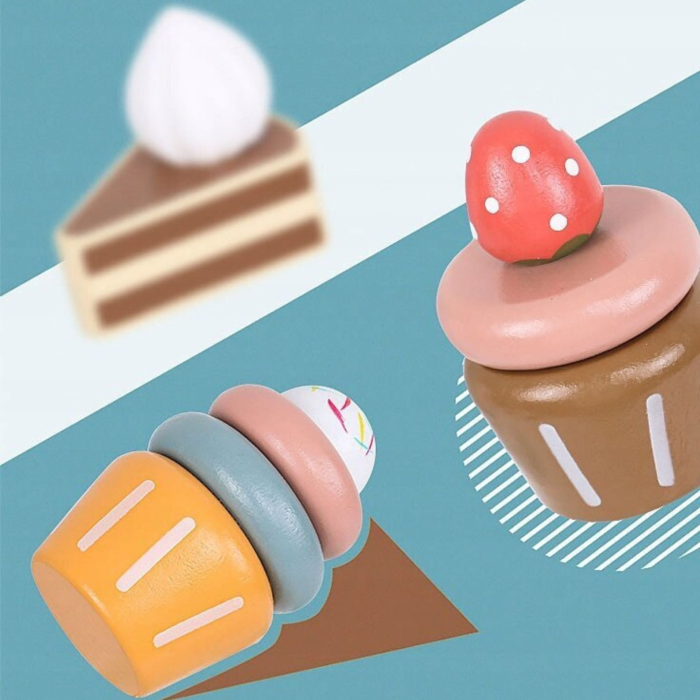 Jucarie Educativa Montessori din Lemn, Set de Joaca Interactiv, Model Royal Afternoon Tea cu Etajera 2 Niveluri si Prajituri, Dezvolta Motricitatea si Imaginatia, 3ani+, Multicolor [5]