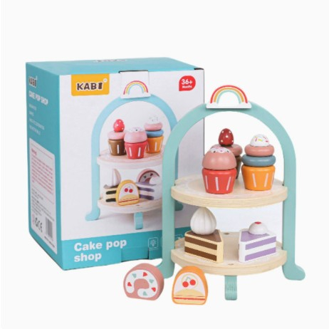 Jucarie Educativa Montessori din Lemn, Set de Joaca Interactiv, Model Royal Afternoon Tea cu Etajera 2 Niveluri si Prajituri, Dezvolta Motricitatea si Imaginatia, 3ani+, Multicolor [2]