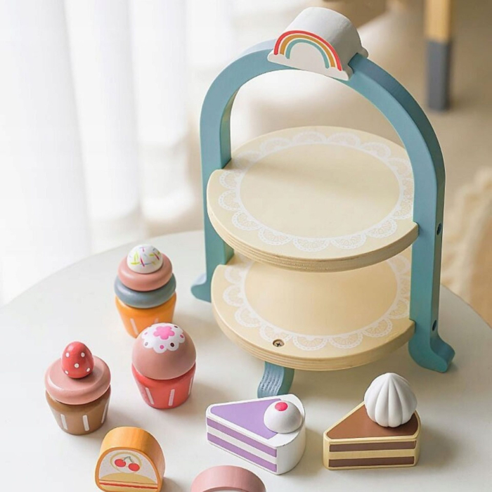 Jucarie Educativa Montessori din Lemn, Set de Joaca Interactiv, Model Royal Afternoon Tea cu Etajera 2 Niveluri si Prajituri, Dezvolta Motricitatea si Imaginatia, 3ani+, Multicolor [3]