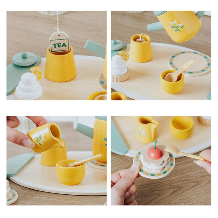 Jucarie Educativa Montessori din Lemn, Set de Joaca Interactiv, Model Royal Tea cu Margarete si Prajituri, Dezvolta Motricitatea si Abilitatile Sociale, 3ani+, Multicolor [3]