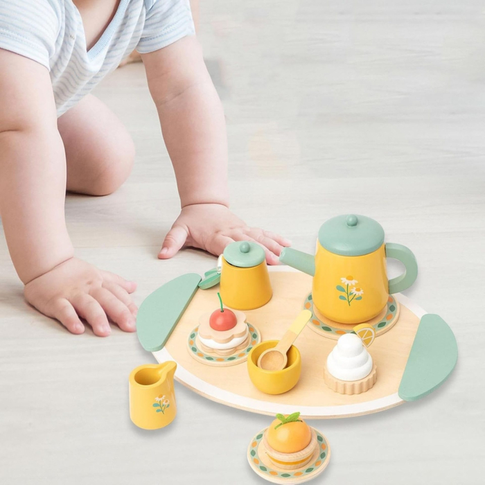 Jucarie Educativa Montessori din Lemn, Set de Joaca Interactiv, Model Royal Tea cu Margarete si Prajituri, Dezvolta Motricitatea si Abilitatile Sociale, 3ani+, Multicolor [5]