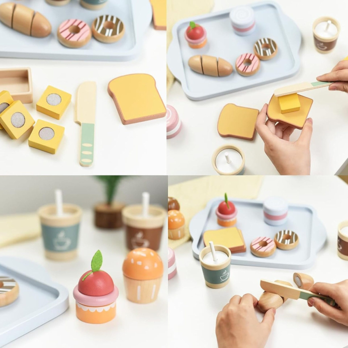 Jucarie Educativa Montessori din Lemn, Set de Mic Dejun Interactiv cu Tava si 15+ Accesorii, Prajituri cu Scai, Dezvolta Motricitatea si Dexteritatea, 3ani+, Multicolor [3]