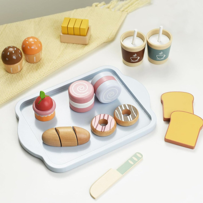 Jucarie Educativa Montessori din Lemn, Set de Mic Dejun Interactiv cu Tava si 15+ Accesorii, Prajituri cu Scai, Dezvolta Motricitatea si Dexteritatea, 3ani+, Multicolor [2]