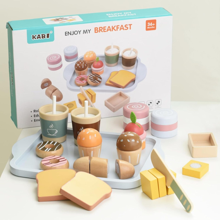 Jucarie Educativa Montessori din Lemn, Set de Mic Dejun Interactiv cu Tava si 15+ Accesorii, Prajituri cu Scai, Dezvolta Motricitatea si Dexteritatea, 3ani+, Multicolor [5]