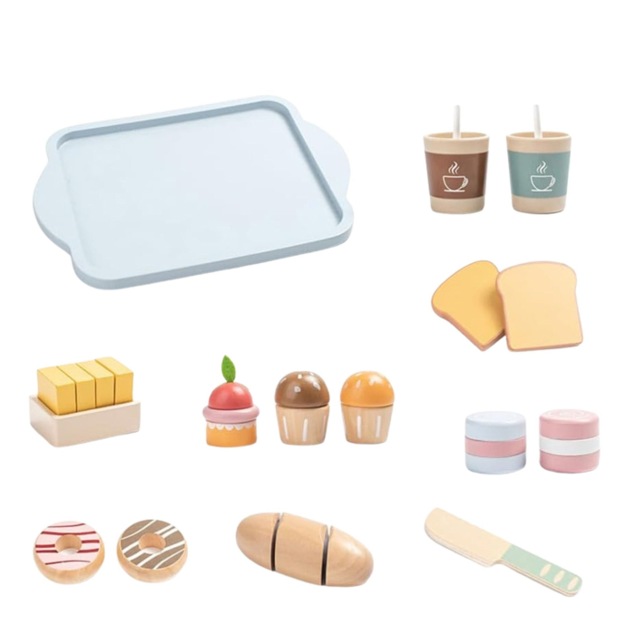 Jucarie Educativa Montessori din Lemn, Set de Mic Dejun Interactiv cu Tava si 15+ Accesorii, Prajituri cu Scai, Dezvolta Motricitatea si Dexteritatea, 3ani+, Multicolor [4]