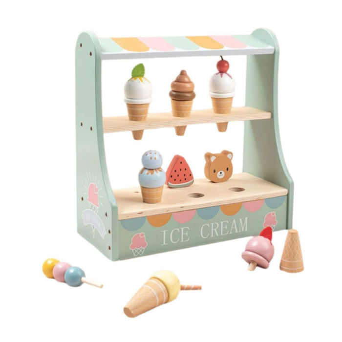 Jucarie Educativa Montessori din Lemn, Stand de Inghetata Interactiv cu 25+ Accesorii, Include Meniu si Bani de Jucarie, Dezvolta Motricitatea si Abilitatile Sociale, 3ani+, Multicolor [2]