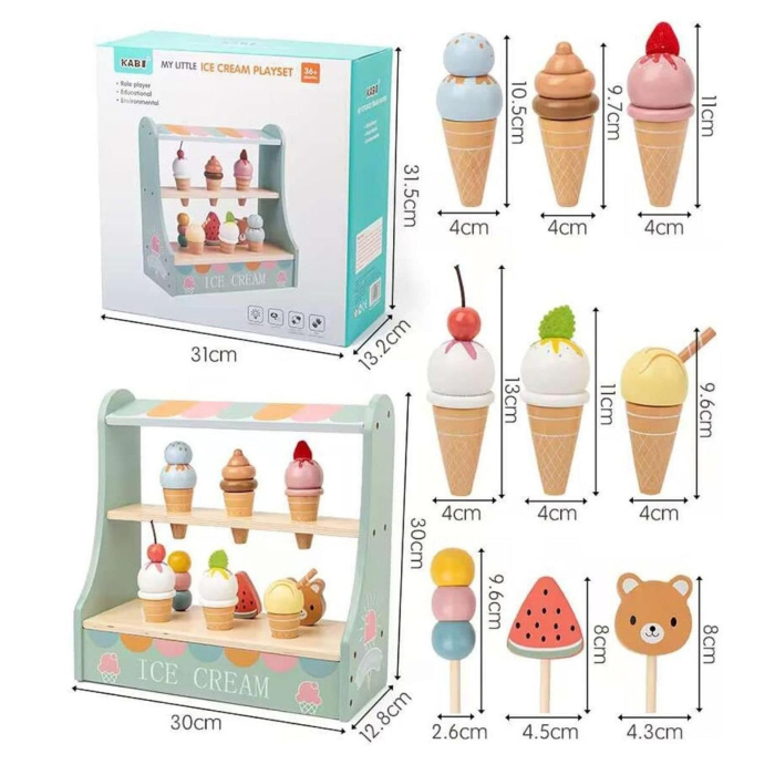 Jucarie Educativa Montessori din Lemn, Stand de Inghetata Interactiv cu 25+ Accesorii, Include Meniu si Bani de Jucarie, Dezvolta Motricitatea si Abilitatile Sociale, 3ani+, Multicolor [3]