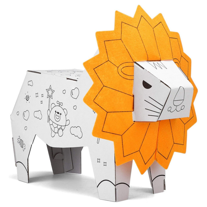 Jucarie Educativa pentru Copii, Model Leu 3D, Puzzle 3D de Asamblat si Colorat din Carton, Educativ, 41 x 12 x 33 cm, 3+ ani, Maro/Alb [2]