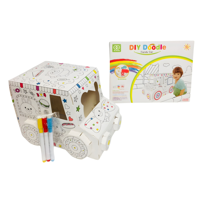 Jucarie Educativa pentru Copii, Model Masinuta 3D, Jucarie de Asamblat si Colorat, din Carton, 28 x 20 cm, 3+ ani, Alb [2]