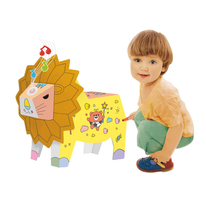 Jucarie Educativa pentru Copii, Model Leu 3D, Puzzle 3D de Asamblat si Colorat din Carton, Educativ, 41 x 12 x 33 cm, 3+ ani, Maro/Alb [4]