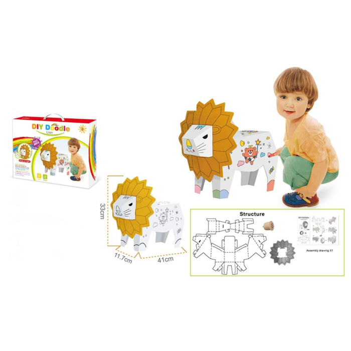 Jucarie Educativa pentru Copii, Model Leu 3D, Puzzle 3D de Asamblat si Colorat din Carton, Educativ, 41 x 12 x 33 cm, 3+ ani, Maro/Alb [3]
