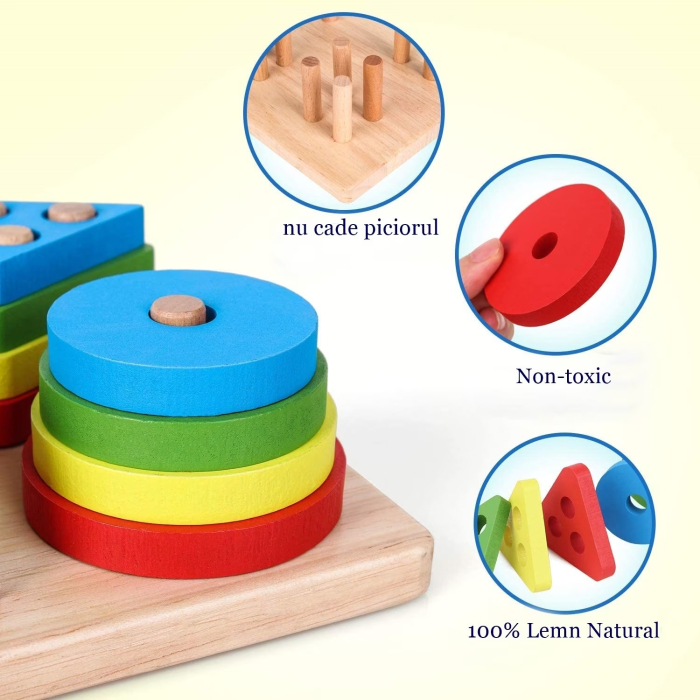 Jucarie Educativa Tip Montessori, din Lemn, + 36 Luni, Forme Geometrice, 16 Piese, 12 x 12 cm, Multicolor [7]