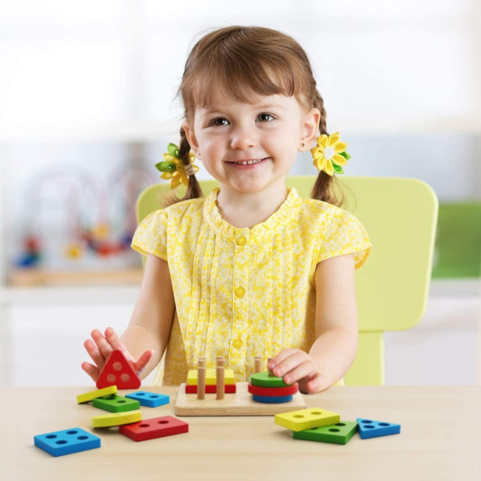 Jucarie Educativa Tip Montessori, din Lemn, + 36 Luni, Forme Geometrice, 16 Piese, 12 x 12 cm, Multicolor [4]