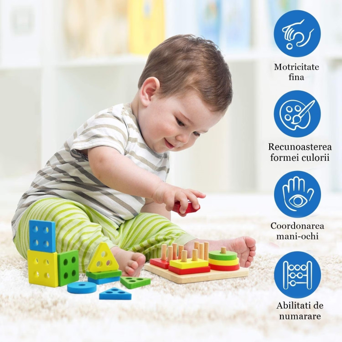Jucarie Educativa Tip Montessori, din Lemn, + 36 Luni, Forme Geometrice, 16 Piese, 12 x 12 cm, Multicolor [6]