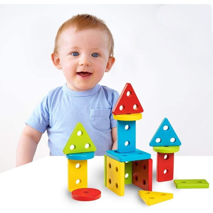 Jucarie Educativa Tip Montessori, din Lemn, + 36 Luni, Forme Geometrice, 16 Piese, 12 x 12 cm, Multicolor [3]