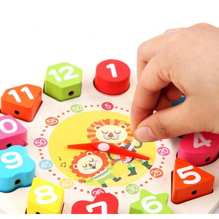 Jucarie Educativa Tip Montessori, Model Ceas Leu, din Lemn, + 36 Luni, 12 Piese, 17 cm, Multicolor [3]