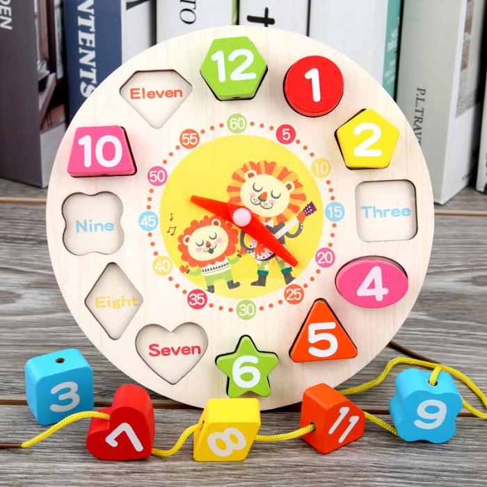 Jucarie Educativa Tip Montessori, Model Ceas Leu, din Lemn, + 36 Luni, 12 Piese, 17 cm, Multicolor [5]