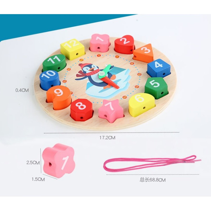 Jucarie Educativa Tip Montessori, Model Ceas Pinguin, din Lemn, + 36 Luni, 12 Piese, 17.2 cm, Multicolor [2]