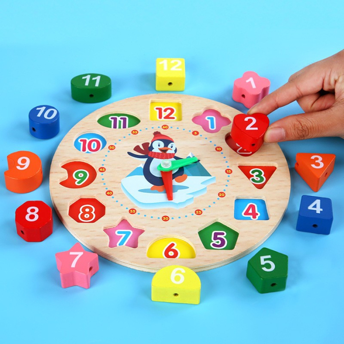 Jucarie Educativa Tip Montessori, Model Ceas Pinguin, din Lemn, + 36 Luni, 12 Piese, 17.2 cm, Multicolor [9]