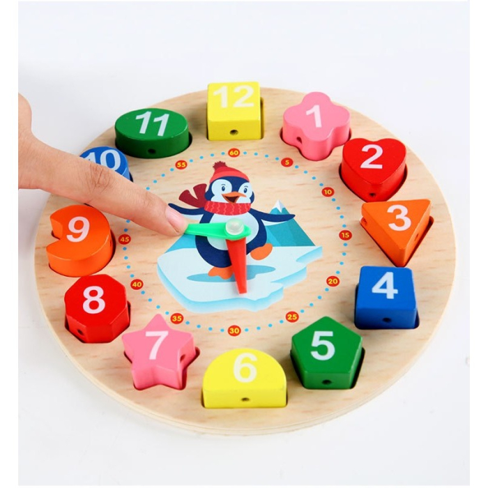 Jucarie Educativa Tip Montessori, Model Ceas Pinguin, din Lemn, + 36 Luni, 12 Piese, 17.2 cm, Multicolor [5]