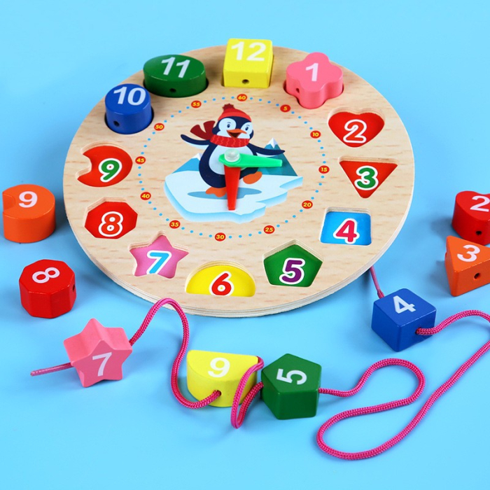 Jucarie Educativa Tip Montessori, Model Ceas Pinguin, din Lemn, + 36 Luni, 12 Piese, 17.2 cm, Multicolor [8]