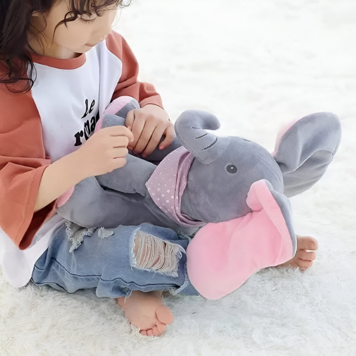 Jucarie Interactiva pentru Copii, Elefantel Peek-a-boo, Muzica, Misca Urechile, Alimentare cu Baterii, 30 cm, Roz-Gri [7]