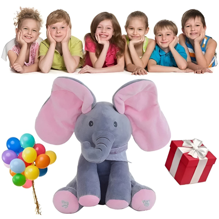 Jucarie Interactiva pentru Copii, Elefantel Peek-a-boo, Muzica, Misca Urechile, Alimentare cu Baterii, 30 cm, Roz-Gri [4]