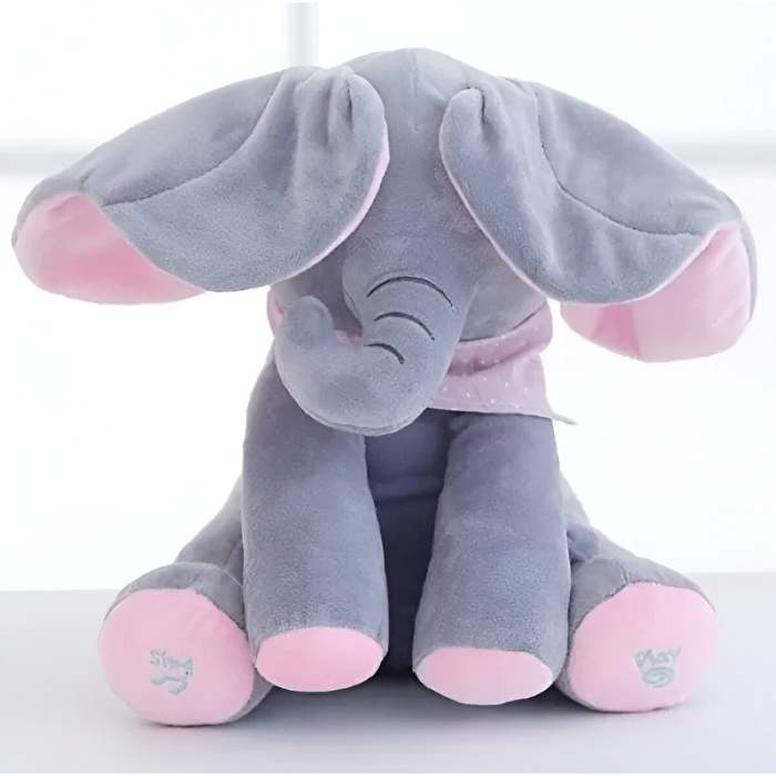 Jucarie Interactiva pentru Copii, Elefantel Peek-a-boo, Muzica, Misca Urechile, Alimentare cu Baterii, 30 cm, Roz-Gri [6]