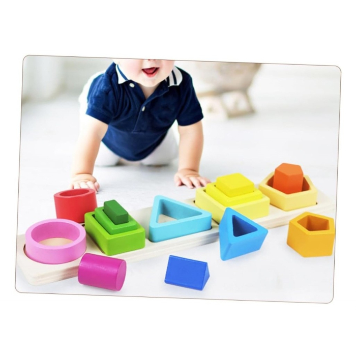 Jucarie Montessori de Sortat, din Lemn, Tip Puzzle, cu 5 Forme Asimetrice, 15 Piese, Educativa, Interactiva, Creativa, Materiale Non Toxice, +2 Ani, Multicolor [5]