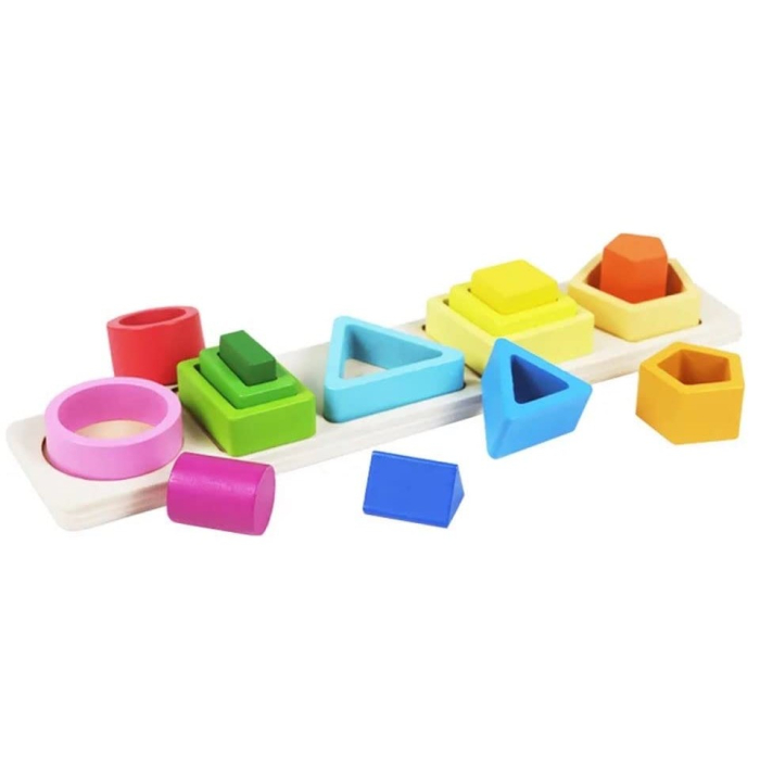 Jucarie Montessori din Lemn, Tip Puzzle, cu 5 Forme Asimetrice, 15 Piese, Educativa, Interactiva, Creativa, Model Forme Geometrice, Materiale Non Toxice, +2 Ani, 29x6.5 cm, Multicolor [2]
