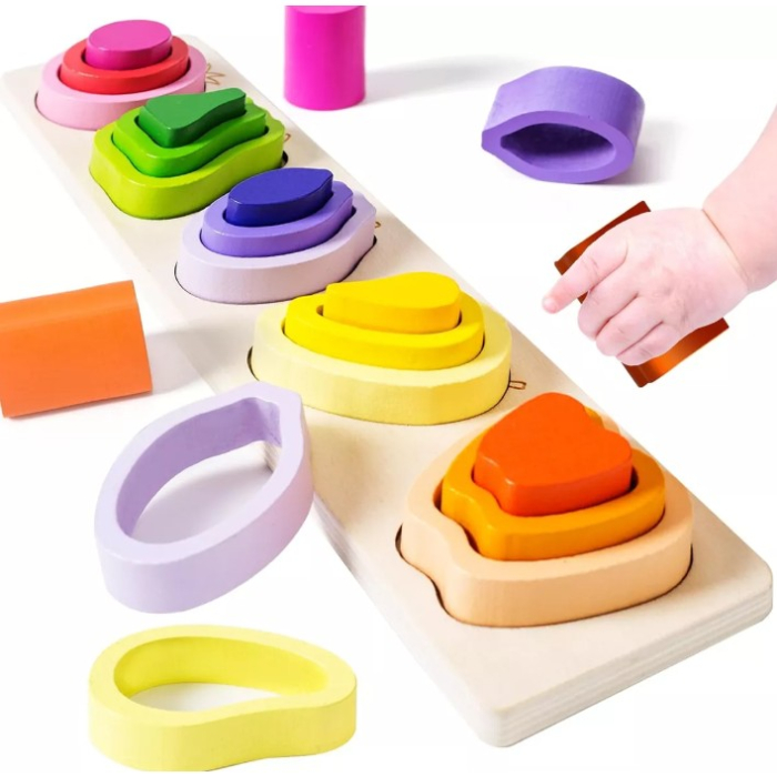Jucarie Montessori din Lemn, Tip Puzzle, cu 5 Forme Asimetrice, 15 Piese, Model Fructe, Educativa, Interactiva, Creativa, Materiale Non Toxice, +2 Ani, 29x6.5 cm, Multicolor [2]