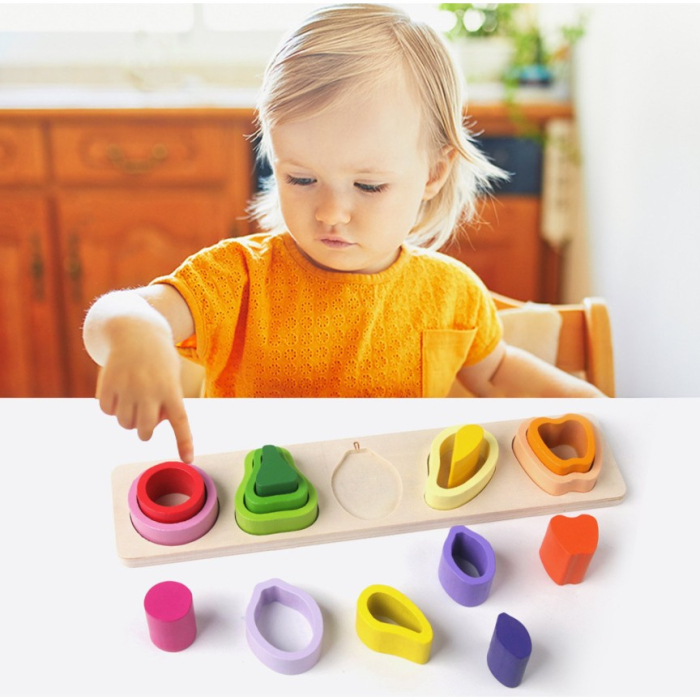 Jucarie Montessori din Lemn, Tip Puzzle, cu 5 Forme Asimetrice, 15 Piese, Model Fructe, Educativa, Interactiva, Creativa, Materiale Non Toxice, +2 Ani, 29x6.5 cm, Multicolor [4]